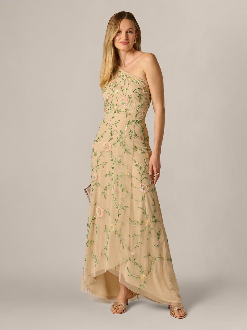 Adrianna Papell Floral Vine Beaded One Shoulder Gown Champagne Size 20 NWT GALA